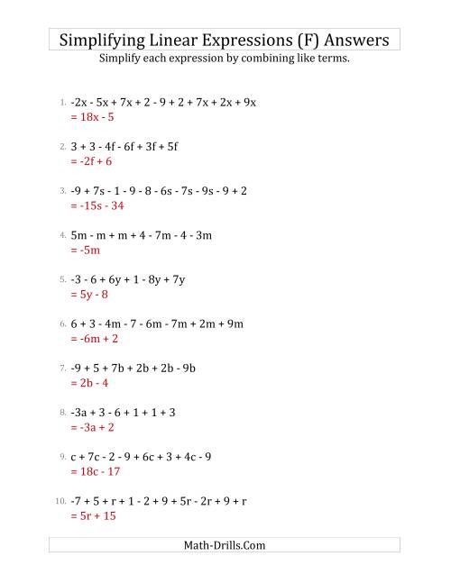 The Simplifying Linear Expressions with 6 to 10 Terms (F) Math Worksheet Page 2