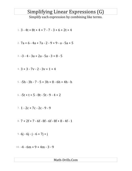 The Simplifying Linear Expressions with 6 to 10 Terms (G) Math Worksheet