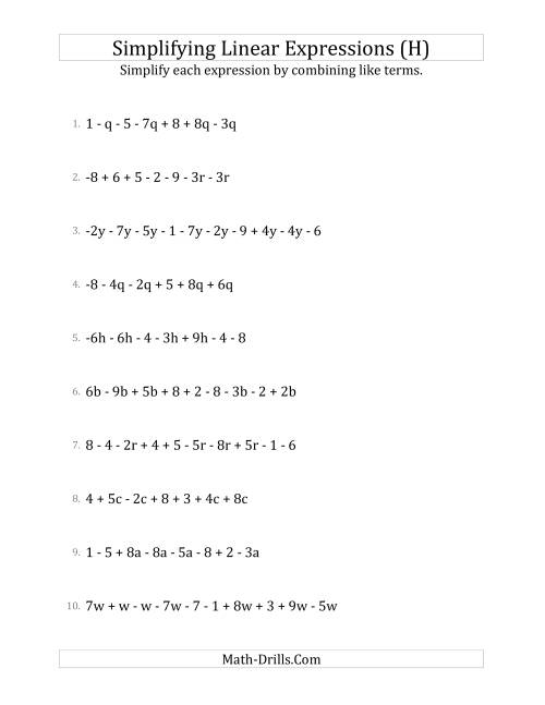 The Simplifying Linear Expressions with 6 to 10 Terms (H) Math Worksheet
