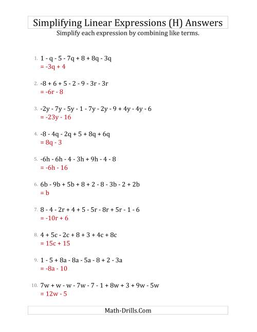 The Simplifying Linear Expressions with 6 to 10 Terms (H) Math Worksheet Page 2