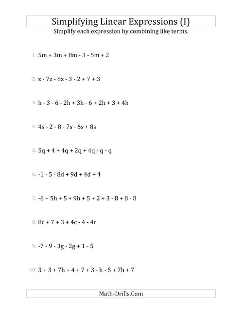 The Simplifying Linear Expressions with 6 to 10 Terms (I) Math Worksheet