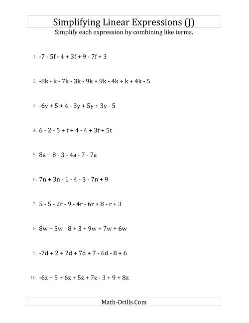 The Simplifying Linear Expressions with 6 to 10 Terms (J) Math Worksheet