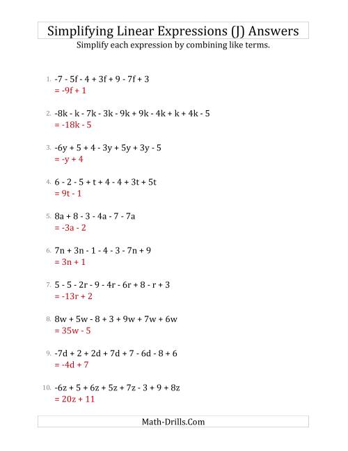 The Simplifying Linear Expressions with 6 to 10 Terms (J) Math Worksheet Page 2