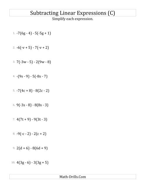 The Subtracting and Simplifying Linear Expressions with Multipliers (C) Math Worksheet