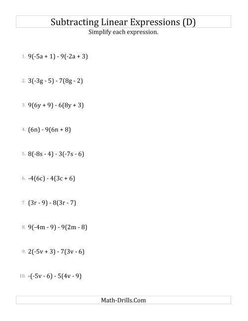 The Subtracting and Simplifying Linear Expressions with Multipliers (D) Math Worksheet