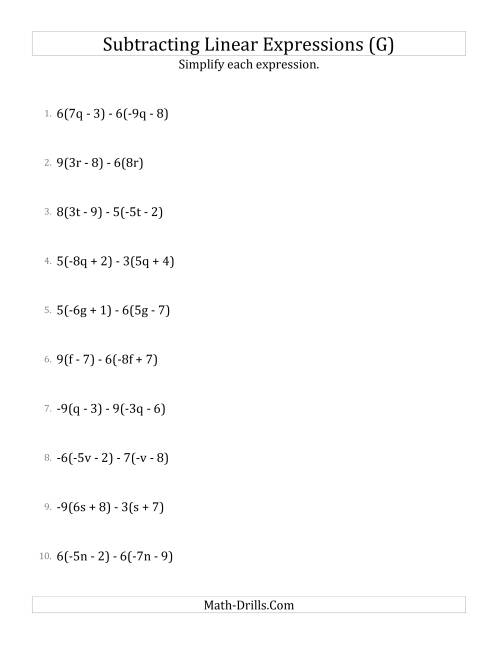 The Subtracting and Simplifying Linear Expressions with Multipliers (G) Math Worksheet