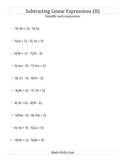 The Subtracting and Simplifying Linear Expressions with Multipliers (H) Math Worksheet