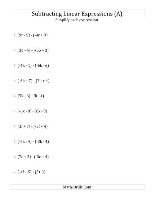 The Subtracting and Simplifying Linear Expressions (A) Math Worksheet