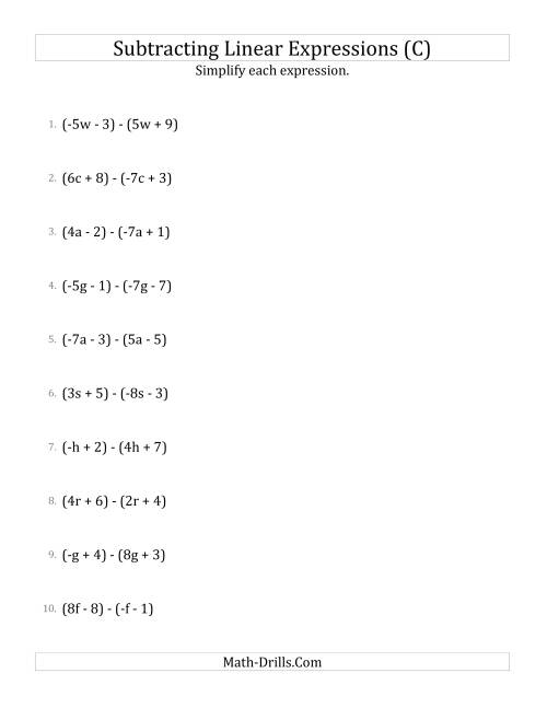 The Subtracting and Simplifying Linear Expressions (C) Math Worksheet
