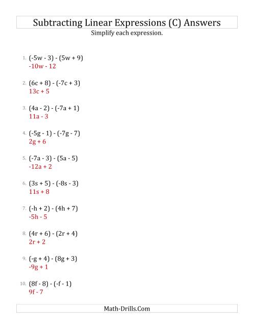 The Subtracting and Simplifying Linear Expressions (C) Math Worksheet Page 2