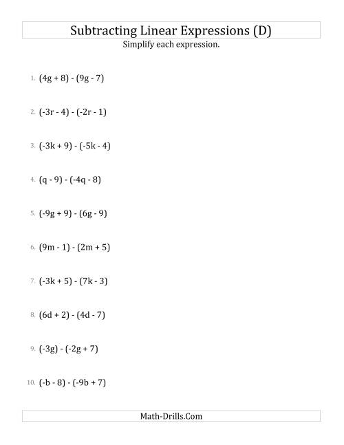 The Subtracting and Simplifying Linear Expressions (D) Math Worksheet