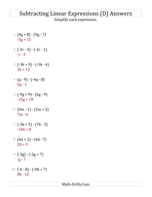 The Subtracting and Simplifying Linear Expressions (D) Math Worksheet Page 2