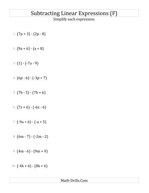 The Subtracting and Simplifying Linear Expressions (F) Math Worksheet