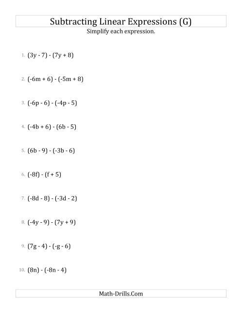 The Subtracting and Simplifying Linear Expressions (G) Math Worksheet
