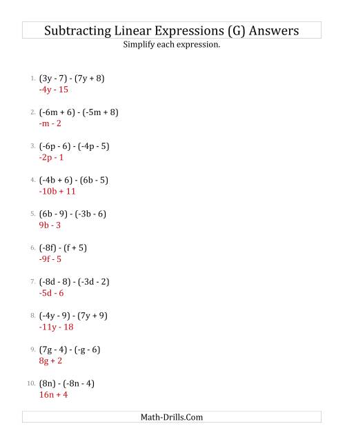 The Subtracting and Simplifying Linear Expressions (G) Math Worksheet Page 2