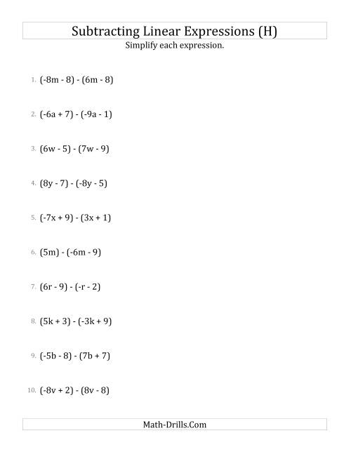 The Subtracting and Simplifying Linear Expressions (H) Math Worksheet