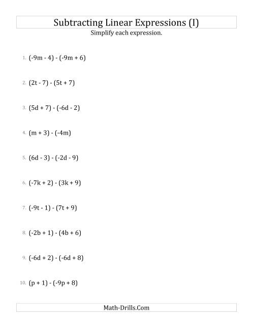 The Subtracting and Simplifying Linear Expressions (I) Math Worksheet