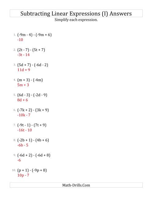 The Subtracting and Simplifying Linear Expressions (I) Math Worksheet Page 2