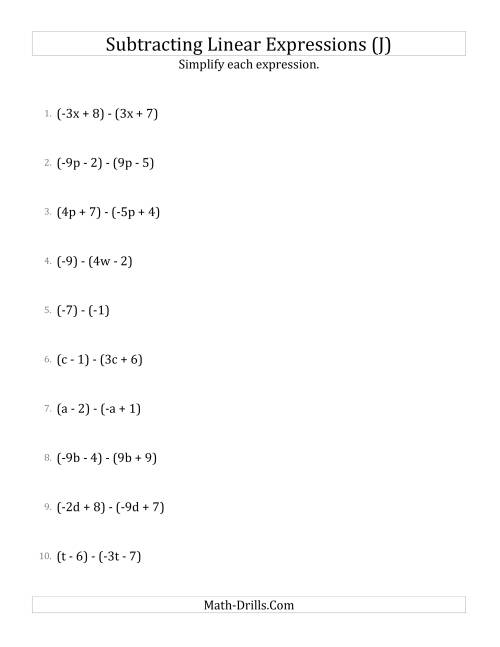 The Subtracting and Simplifying Linear Expressions (J) Math Worksheet