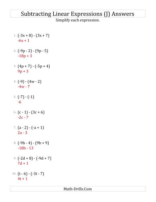 The Subtracting and Simplifying Linear Expressions (J) Math Worksheet Page 2