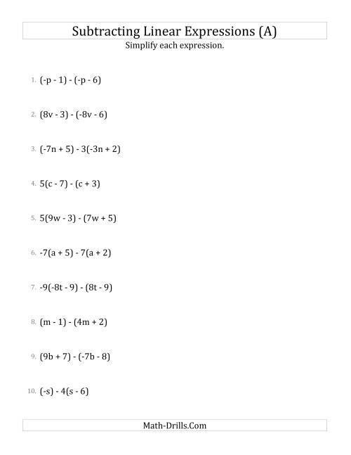 The Subtracting and Simplifying Linear Expressions with Some Multipliers (A) Math Worksheet