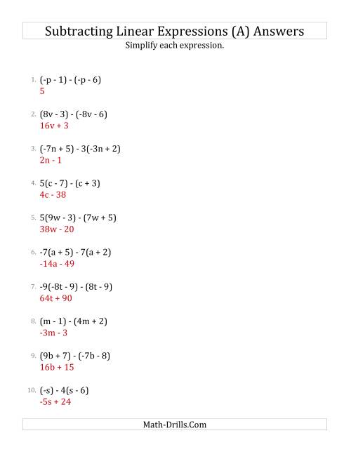 The Subtracting and Simplifying Linear Expressions with Some Multipliers (A) Math Worksheet Page 2