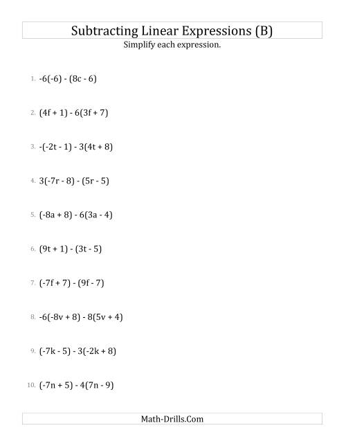 The Subtracting and Simplifying Linear Expressions with Some Multipliers (B) Math Worksheet