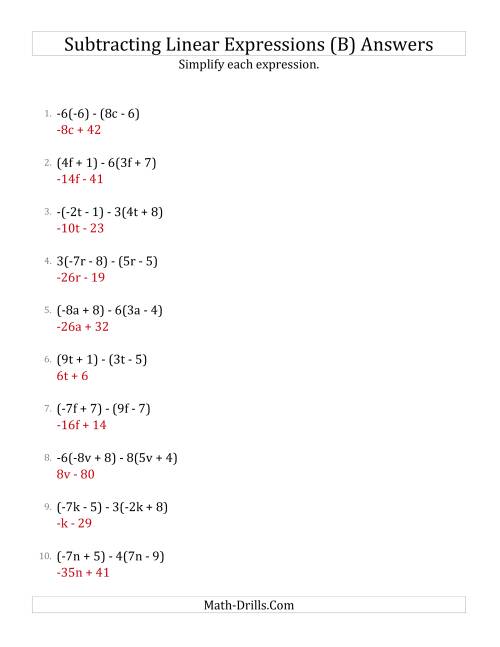 The Subtracting and Simplifying Linear Expressions with Some Multipliers (B) Math Worksheet Page 2