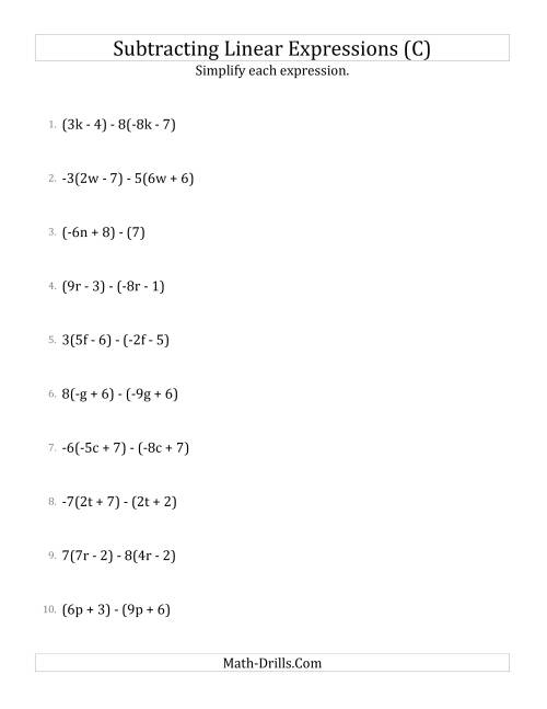 The Subtracting and Simplifying Linear Expressions with Some Multipliers (C) Math Worksheet