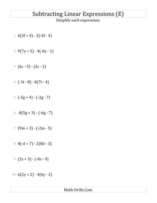 The Subtracting and Simplifying Linear Expressions with Some Multipliers (E) Math Worksheet