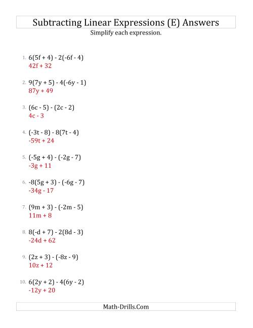 The Subtracting and Simplifying Linear Expressions with Some Multipliers (E) Math Worksheet Page 2