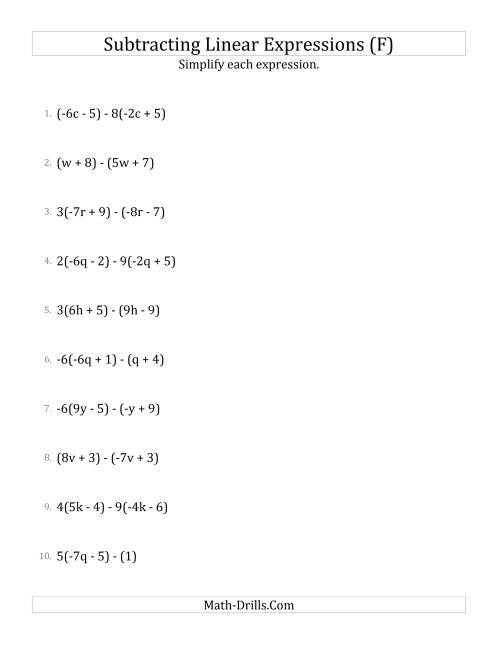 The Subtracting and Simplifying Linear Expressions with Some Multipliers (F) Math Worksheet