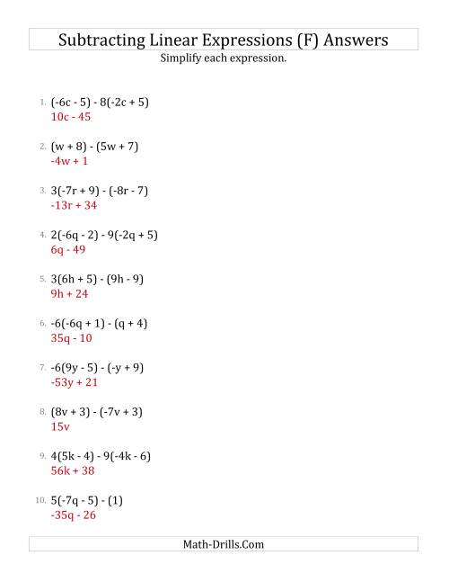 The Subtracting and Simplifying Linear Expressions with Some Multipliers (F) Math Worksheet Page 2