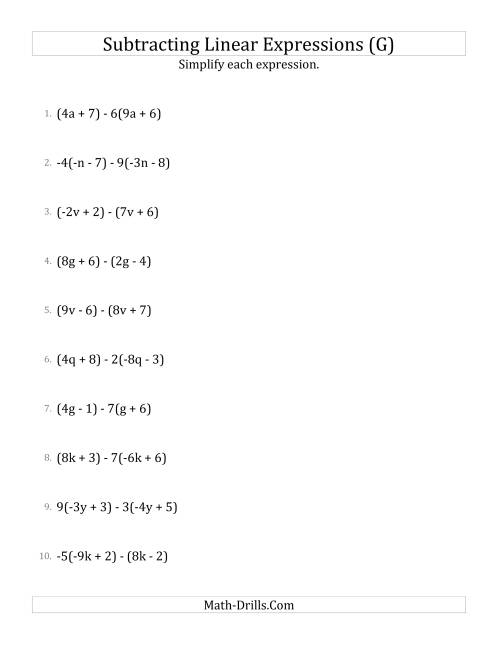 The Subtracting and Simplifying Linear Expressions with Some Multipliers (G) Math Worksheet