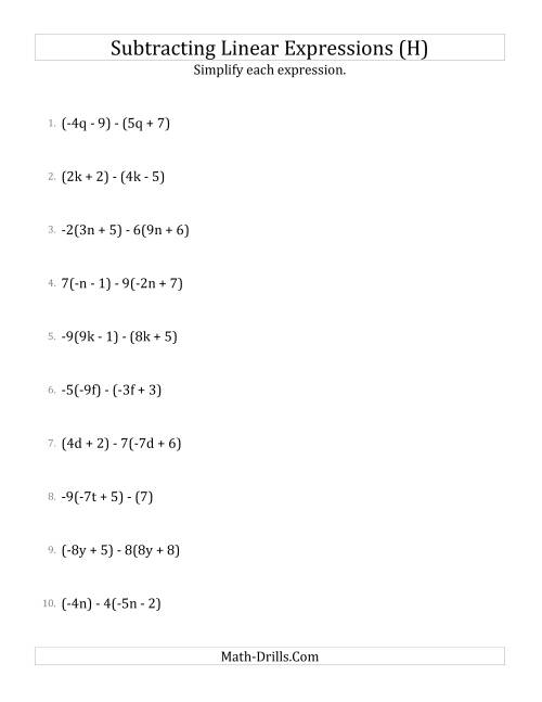 The Subtracting and Simplifying Linear Expressions with Some Multipliers (H) Math Worksheet
