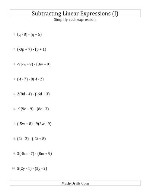 The Subtracting and Simplifying Linear Expressions with Some Multipliers (I) Math Worksheet