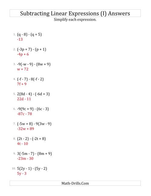 The Subtracting and Simplifying Linear Expressions with Some Multipliers (I) Math Worksheet Page 2