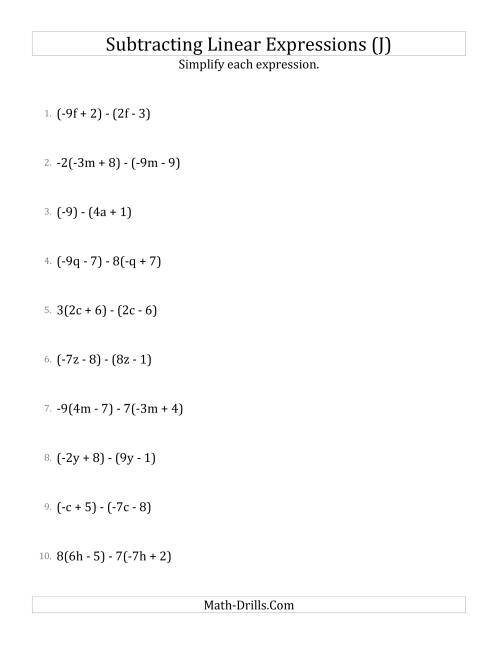 The Subtracting and Simplifying Linear Expressions with Some Multipliers (J) Math Worksheet