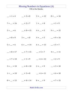 Missing Numbers in Equations (Blanks) -- Addition (Range 1 to 9)