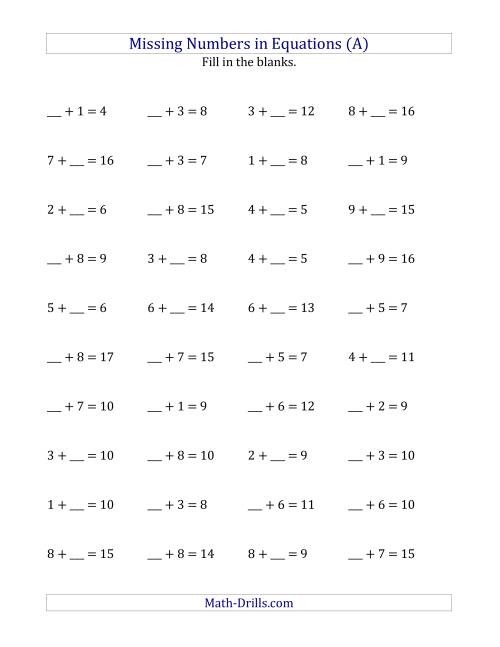 The Missing Numbers in Equations (Blanks) -- Addition (Range 1 to 9) (A) Math Worksheet