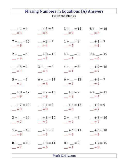 The Missing Numbers in Equations (Blanks) -- Addition (Range 1 to 9) (A) Math Worksheet Page 2
