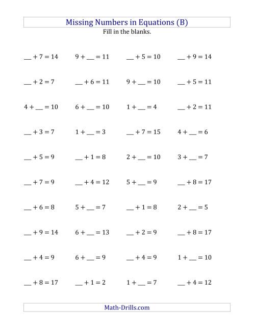 The Missing Numbers in Equations (Blanks) -- Addition (Range 1 to 9) (B) Math Worksheet
