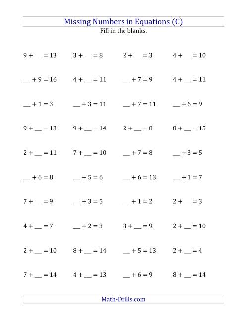 The Missing Numbers in Equations (Blanks) -- Addition (Range 1 to 9) (C) Math Worksheet
