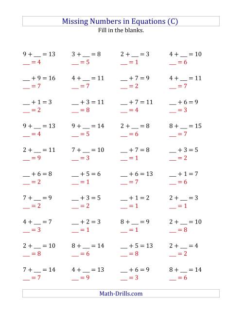The Missing Numbers in Equations (Blanks) -- Addition (Range 1 to 9) (C) Math Worksheet Page 2