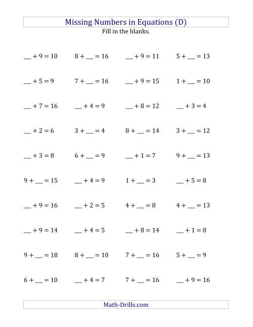 The Missing Numbers in Equations (Blanks) -- Addition (Range 1 to 9) (D) Math Worksheet