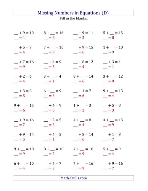 The Missing Numbers in Equations (Blanks) -- Addition (Range 1 to 9) (D) Math Worksheet Page 2