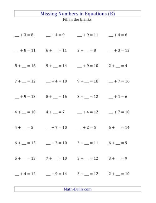 The Missing Numbers in Equations (Blanks) -- Addition (Range 1 to 9) (E) Math Worksheet