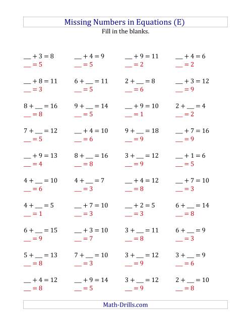 The Missing Numbers in Equations (Blanks) -- Addition (Range 1 to 9) (E) Math Worksheet Page 2
