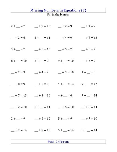 The Missing Numbers in Equations (Blanks) -- Addition (Range 1 to 9) (F) Math Worksheet