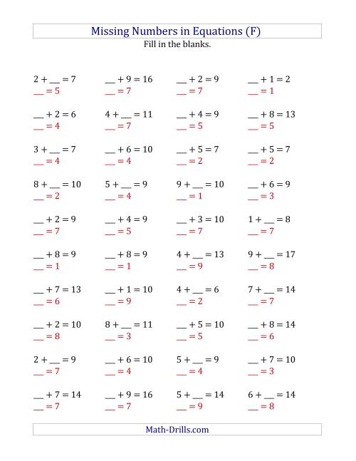 The Missing Numbers in Equations (Blanks) -- Addition (Range 1 to 9) (F) Math Worksheet Page 2